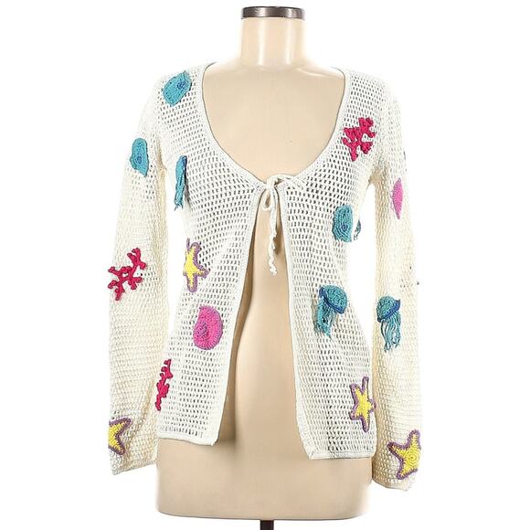 CRO-CHE Under The Sea open knit net crochet cardigan sweater nautical patches M - Picture 1 of 7
